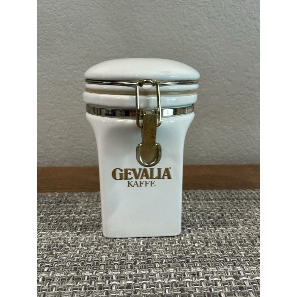 Gevalia Large White Ceramic Coffee Canister Gold Tone Latch 16 Oz